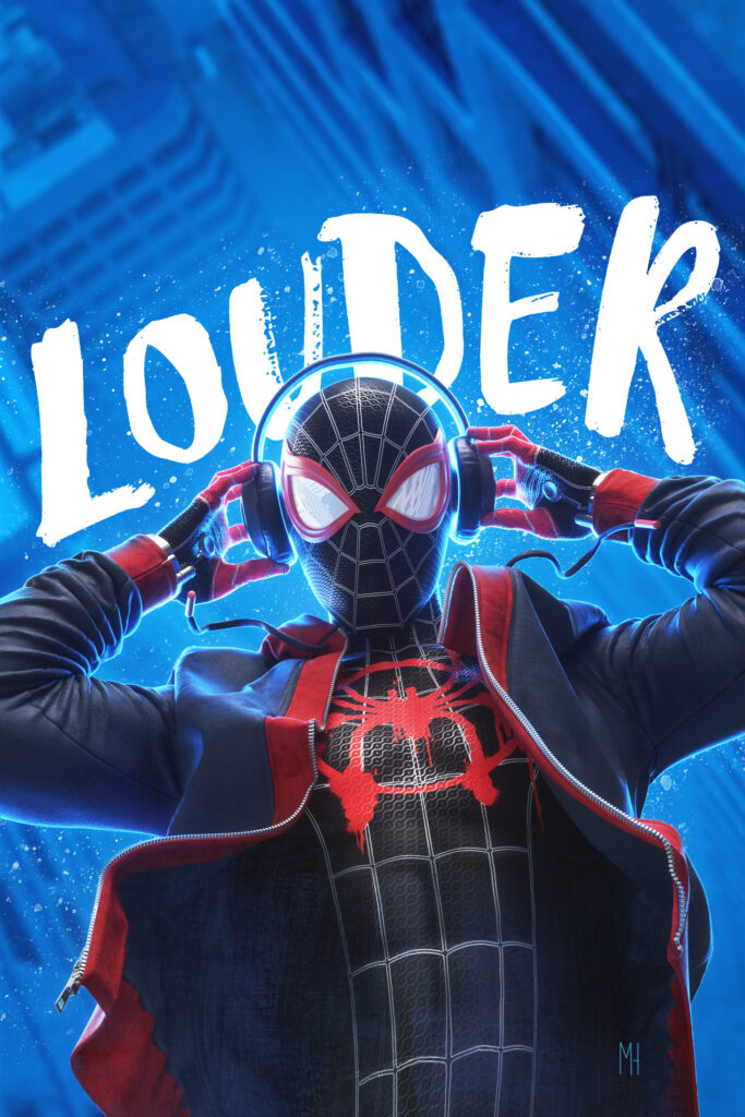 A superhero in a black and red suit with a spider emblem, wearing headphones and posing dynamically. The background is a stylized cityscape with a blue hue, and the word LOUDER is boldly displayed above.
