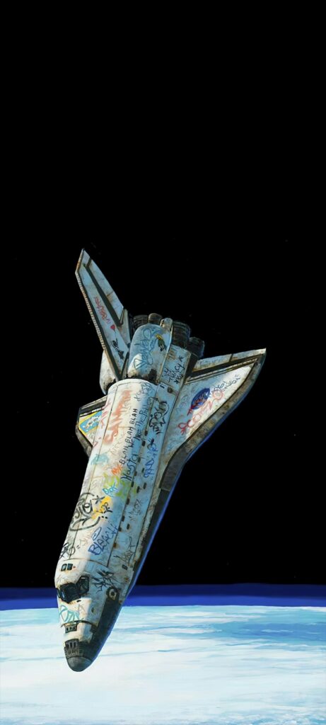 A space shuttle covered with graffiti art floats above the Earth against the backdrop of the blackness of space. The Earth is partially visible at the bottom of the image, showcasing a subtle blue curve.
