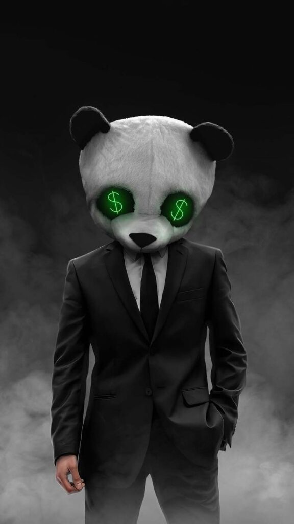 A person in a black suit and tie stands amidst smoke with a panda head mask featuring glowing green dollar signs in the eyes. The background is dark, adding an enigmatic atmosphere to the image.
