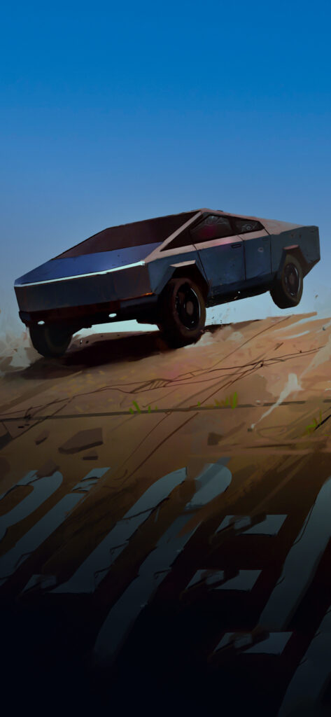 Futuristic, angular electric vehicle speeding across a sandy terrain, slightly airborne with dust trailing behind, under a clear blue sky.
