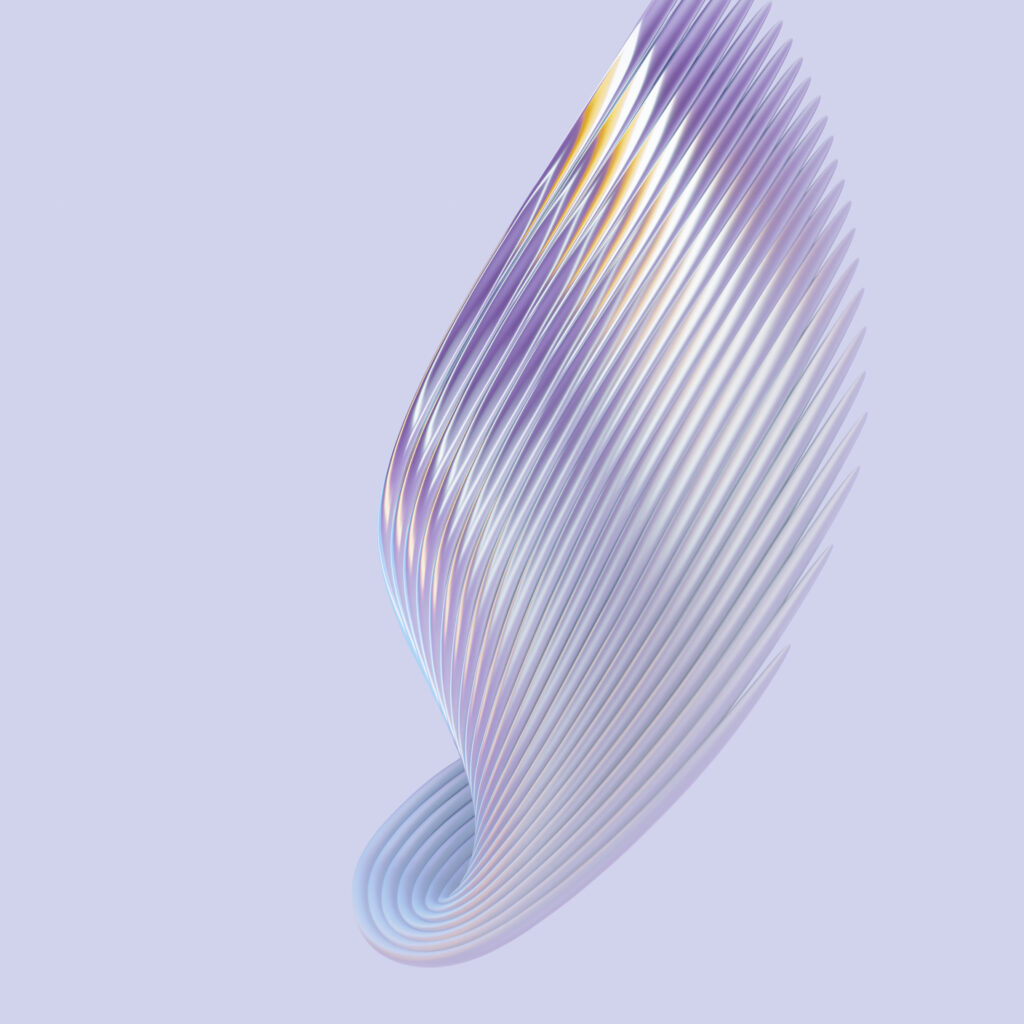 An abstract image featuring a smooth, curved structure made of thin, wavy lines in shades of purple and white against a light blue background. The lines form a feather-like or sail-like shape, with a sense of fluidity and motion.
