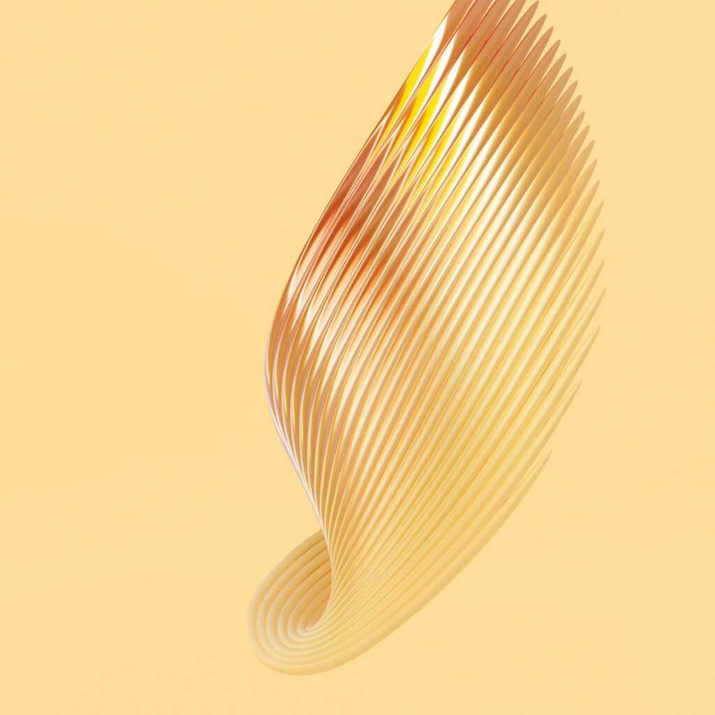 Abstract design featuring a series of overlapping, curved lines that create a flowing, ribbon-like shape. The gradient of warm tones, from yellow to orange, gives a dynamic and fluid appearance against a soft beige background.
