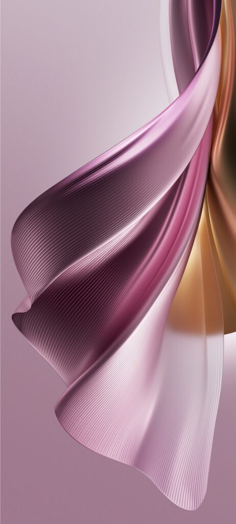 A close-up of abstract fabric-like shapes in shades of pink, purple, and gold on a light, gradient background. The textures create a smooth, flowing, and wavy appearance.
