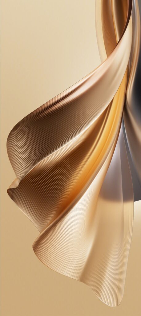 An abstract image featuring smooth, flowing metallic ribbons in shades of gold and bronze against a soft beige background. The ribbons create a sense of motion and elegance, with subtle reflections and highlights enhancing their texture.
