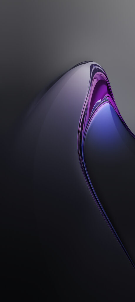 A sleek, abstract design featuring fluid, curved shapes in shades of purple and black. The light and shadows create a glossy, futuristic appearance on a dark background.
