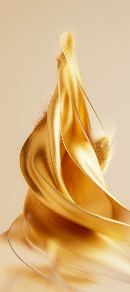 A swirling, abstract form in shades of gold against a light background, resembling flowing silk or liquid metal with shimmering textures and sparkles.