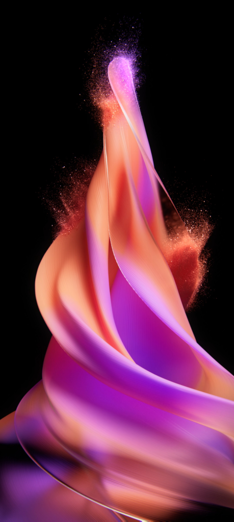 An abstract digital artwork with swirling ribbons of pink, purple, and orange on a black background. The vibrant colors blend and twist upwards, creating a dynamic, flowing shape with a powdery texture at the peak.
