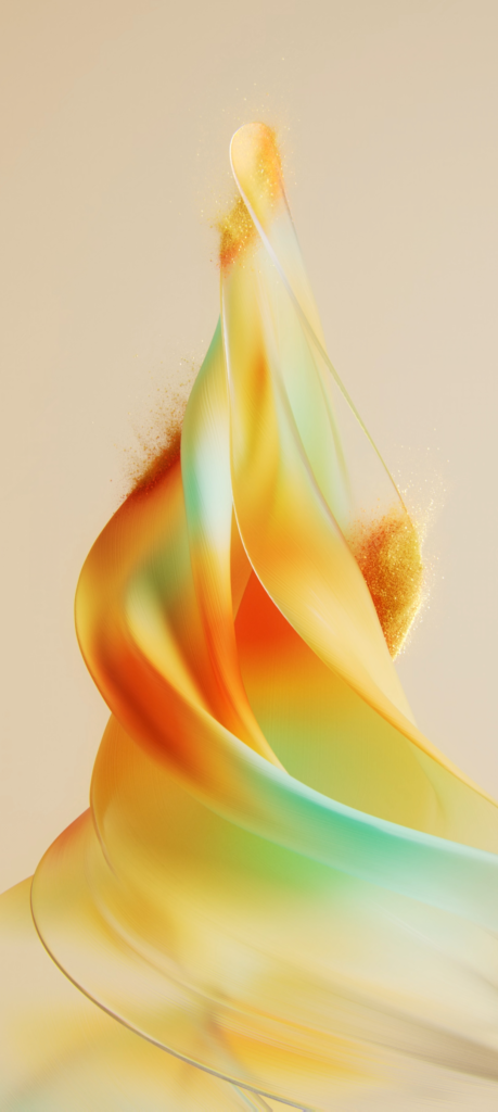 Swirling abstract design featuring vibrant gradients of orange, yellow, and pale turquoise, resembling gentle folds of fabric. Sparkling golden particles accentuate the flow, set against a soft beige background.
