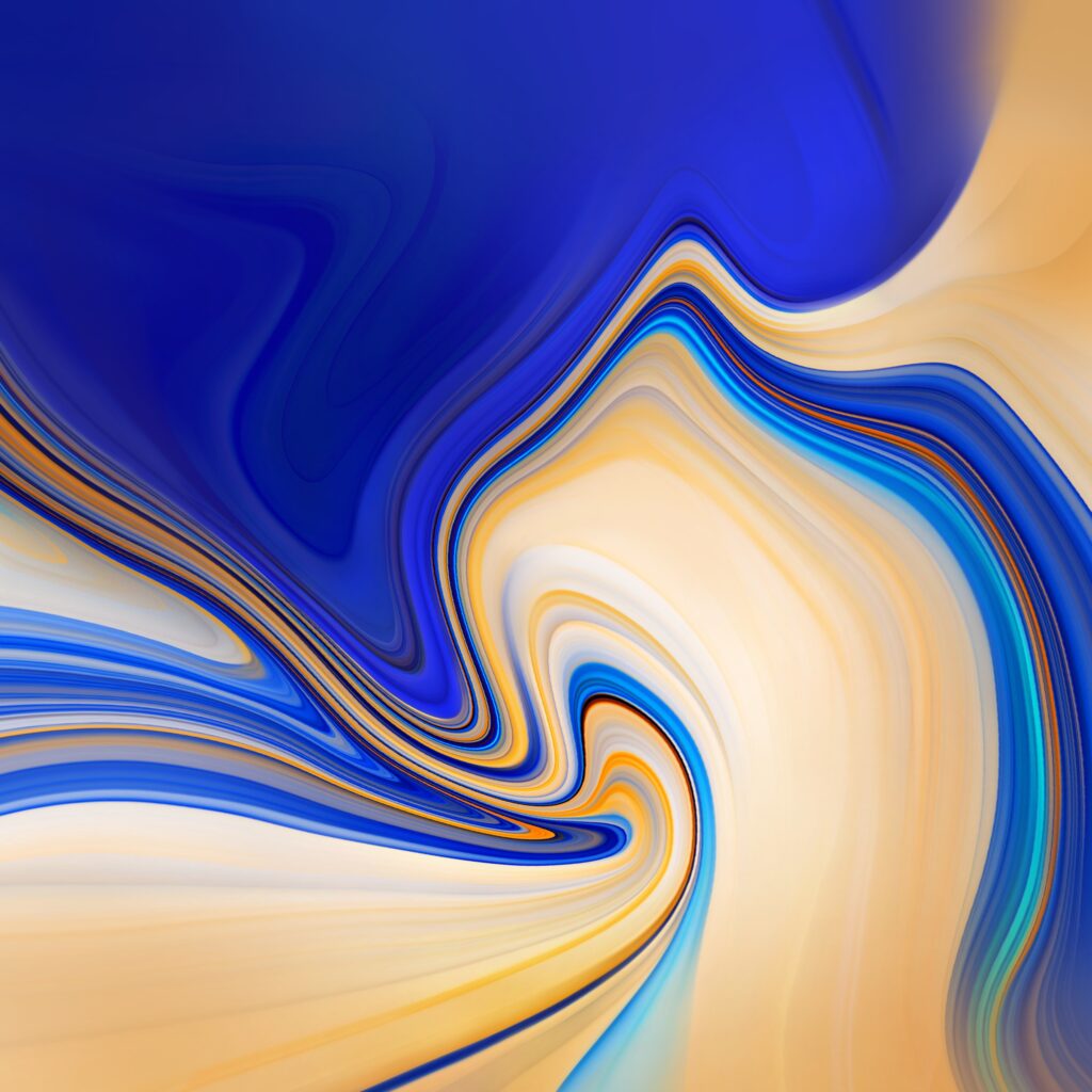 Abstract image with swirling patterns of blue, beige, and yellow. The colors blend smoothly, creating a fluid and dynamic appearance reminiscent of waves or liquid.
