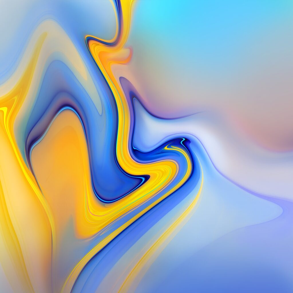 Abstract fluid art with vibrant waves of blue, yellow, and orange swirling together, creating a smooth, flowing pattern against a soft gradient background.
