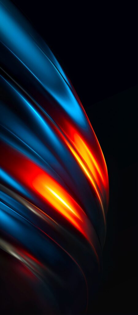 A sleek abstract design featuring smooth, curved surfaces with dynamic lighting. Blue, red, and orange hues create a vibrant, flowing pattern against a dark background, evoking a sense of movement and energy.
