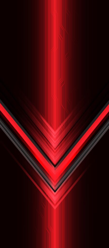 Abstract digital art featuring a symmetrical, futuristic design with sharp angles and vibrant red and black hues. Central glowing red lines form a chevron pattern, creating a dynamic and high-tech appearance.
