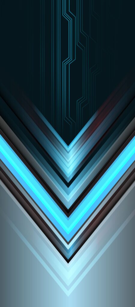 Abstract digital art featuring symmetrical, angled stripes in shades of blue and gray. The design has a futuristic feel with a central glowing blue line accentuating the geometric pattern against a dark background.
