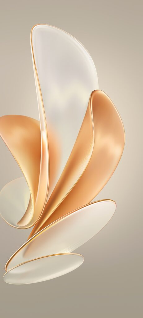 An abstract 3D composition with smooth, petal-like shapes in shades of gold, white, and beige, set against a neutral background. The fluid forms create a sense of movement and elegance.
