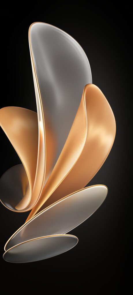 Abstract image featuring smooth, overlapping metallic shapes in shades of gold and silver, set against a dark background. The shapes have a glossy appearance and appear to be elegantly twisting upwards.
