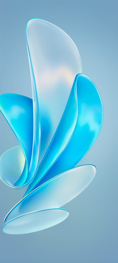 A digital artwork featuring fluid, translucent blue shapes gracefully intertwining against a soft blue background. The abstract forms resemble petals or waves, creating a sense of motion and serenity.
