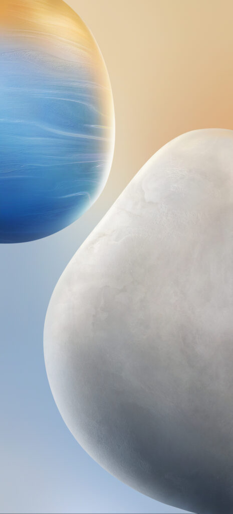 Abstract image featuring two spherical shapes. The left shape has swirling blue and orange hues, resembling a gaseous planet. The right shape is larger, with a smooth, cloud-like appearance in soft gray and white tones. The background is a gradient of soft colors.
