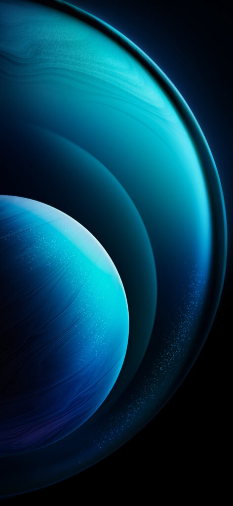 A digital artwork featuring two blue planets with swirling patterns and bright highlights against a dark background. The larger planet displays broad arcs, while the smaller planet is partially visible in the foreground, creating a cosmic scene.
