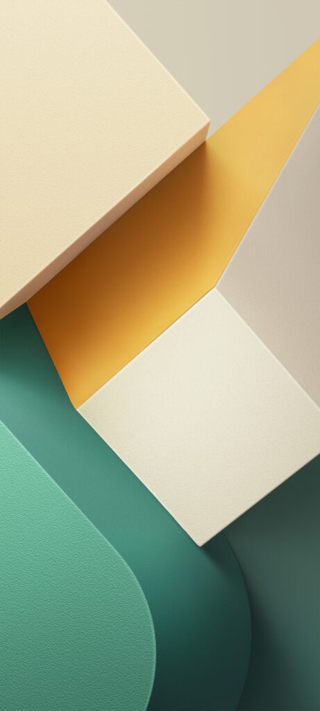 Abstract composition of overlapping geometric shapes in shades of cream, yellow, and green. The surfaces have a textured appearance, creating a layered and modern design.
