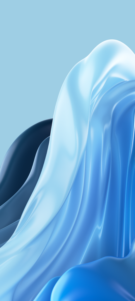 A digital artwork featuring flowing, glossy layers in shades of blue and black against a light blue background, resembling silky fabric or liquid waves.
