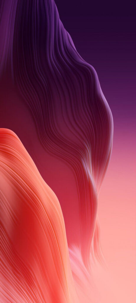 Abstract digital artwork featuring flowing, wave-like patterns in shades of purple and orange against a gradient background. The design creates a sense of movement and depth, resembling cascading fabric or fluid streams.
