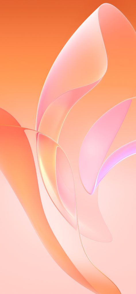 Abstract digital art featuring flowing, translucent ribbons in shades of orange, pink, and peach. The design displays a smooth gradient background with overlapping curves and soft lighting, creating a sense of movement and fluidity.
