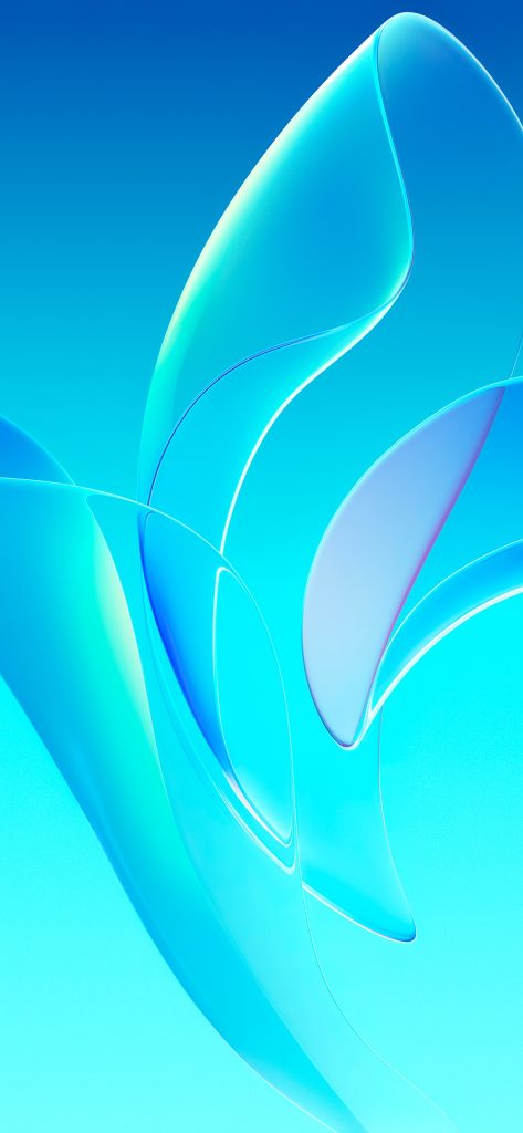 Abstract digital art in shades of blue and teal featuring smooth, flowing shapes and curves against a gradient background. The design includes translucent elements with a fluid, dynamic appearance.
