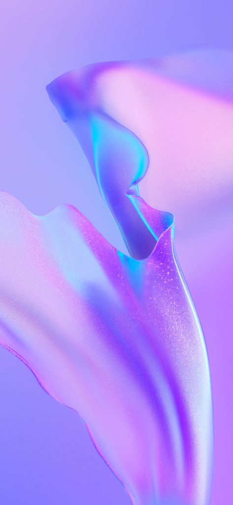 A flowing, abstract shape with vibrant gradients of purple, pink, and blue evoking a sense of fluidity and motion on a soft purple background. The smooth, silky texture creates a dreamy and ethereal atmosphere.
