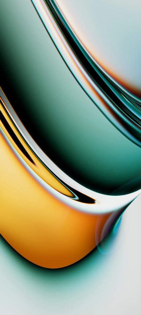 Abstract image featuring smooth curves with a gradient of colors, including teal, orange, and white. The composition conveys a sense of fluidity and motion with reflective and glossy surfaces.
