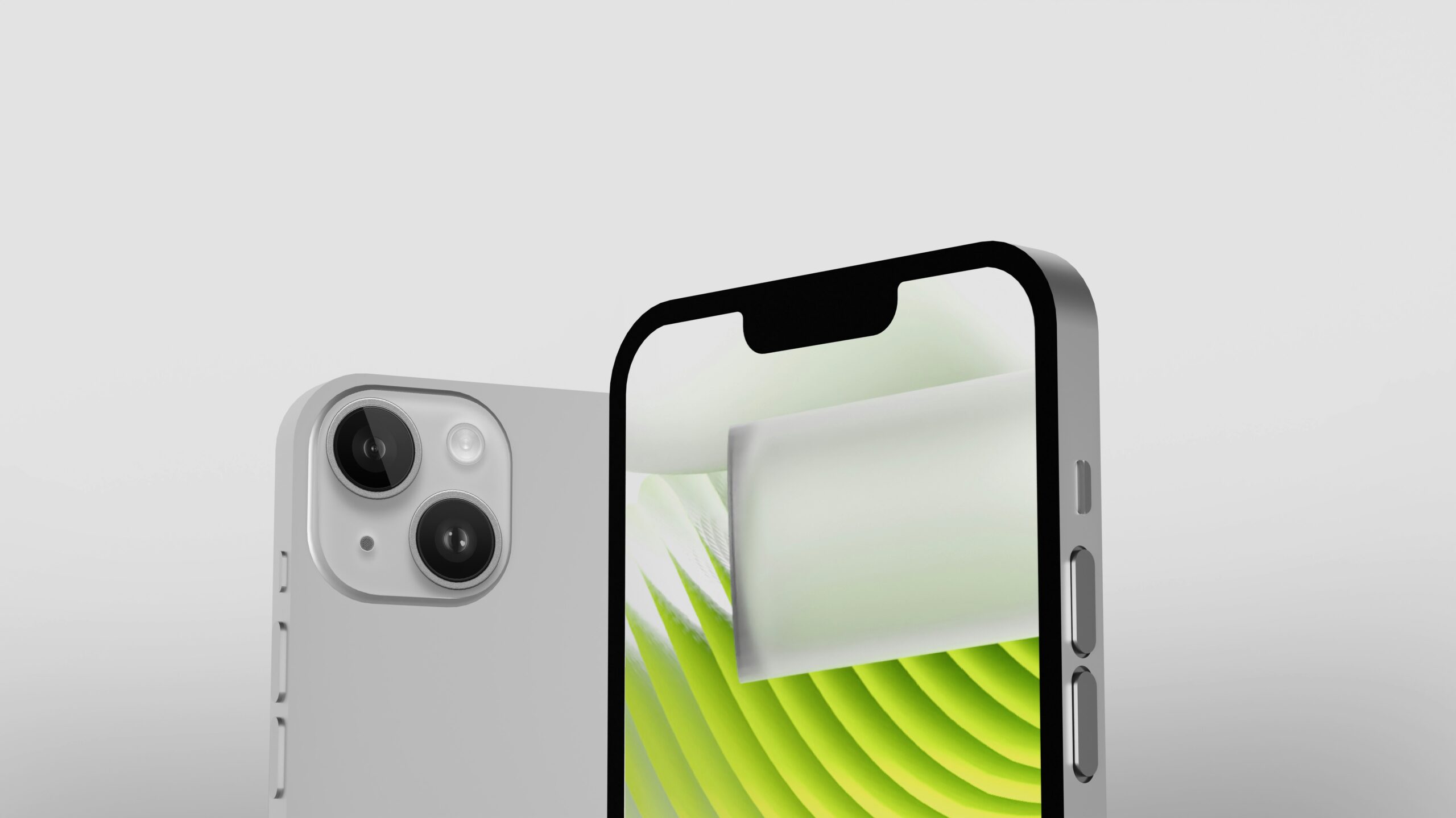 Close-up of a smartphone showcasing its sleek design. The phone features a dual-camera setup and a vivid screen displaying abstract green and white patterns. The device has a modern, minimalist aesthetic with a silver finish.